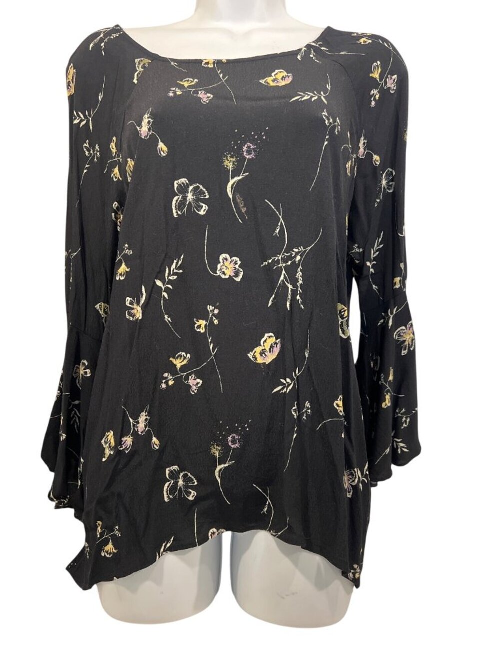 LAUREN CONRAD black floral fairy sleeve blouse top L